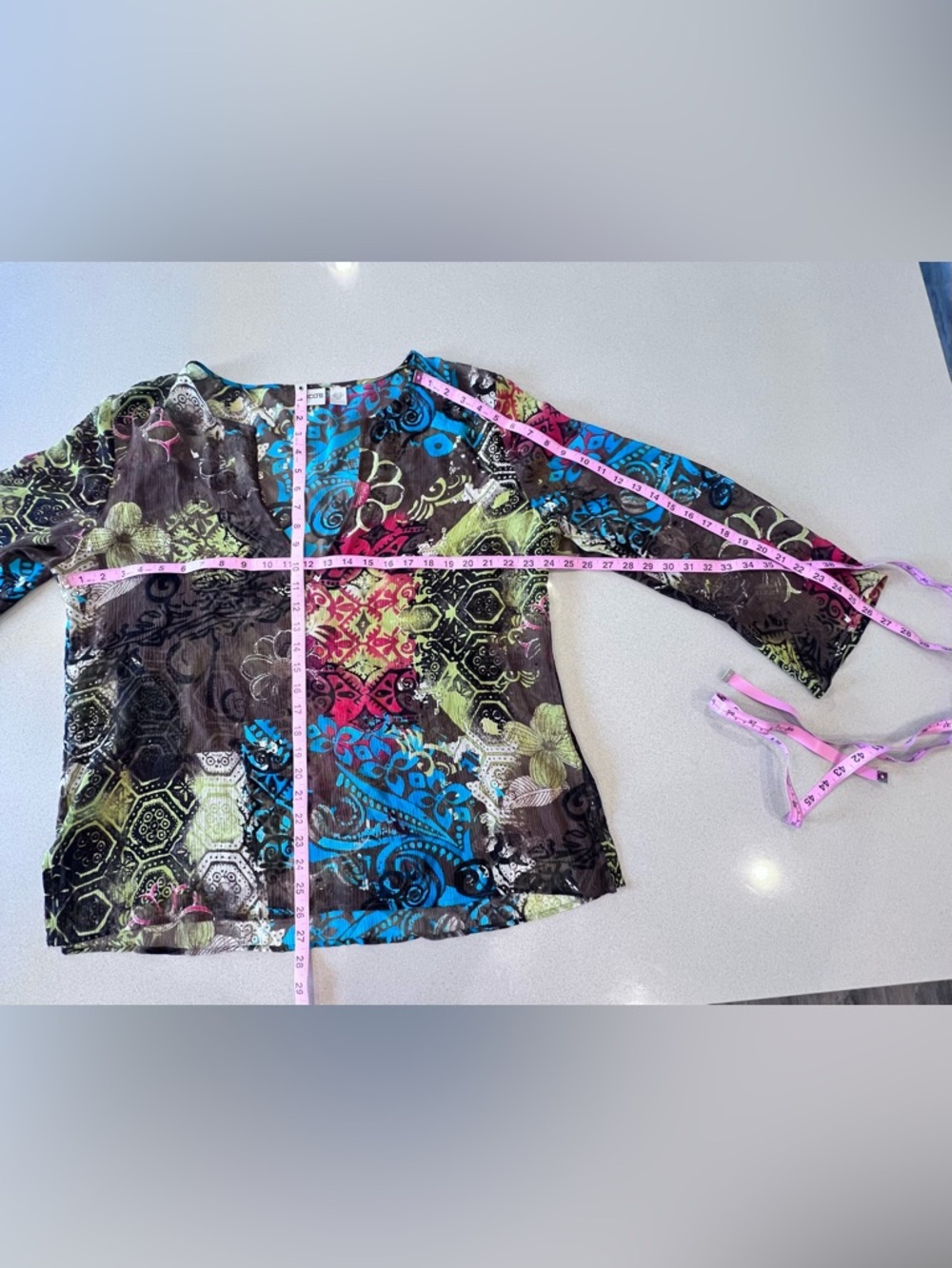 Chico’s 100%Silk Sheer tunic V-neckline 3/4 sleeves Floral Geometric Sz 3 XL 16 - Picture 7 of 9